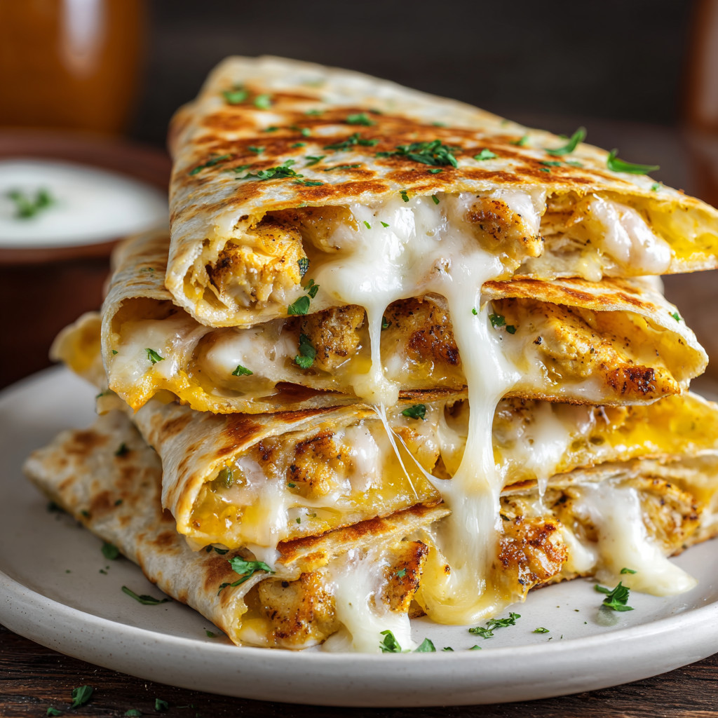 A stack of three quesadillas on a plate.