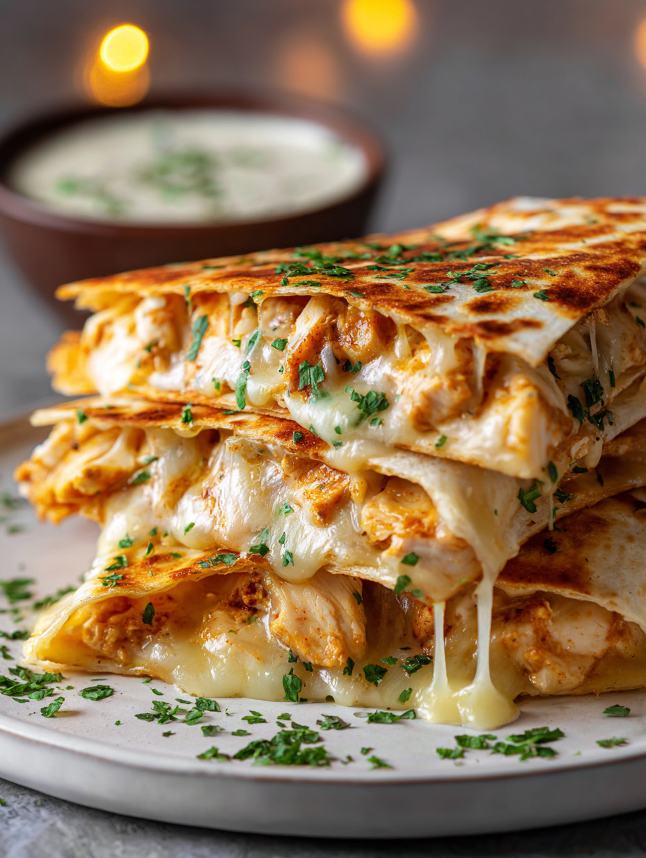 A stack of chicken enchiladas with cheese.