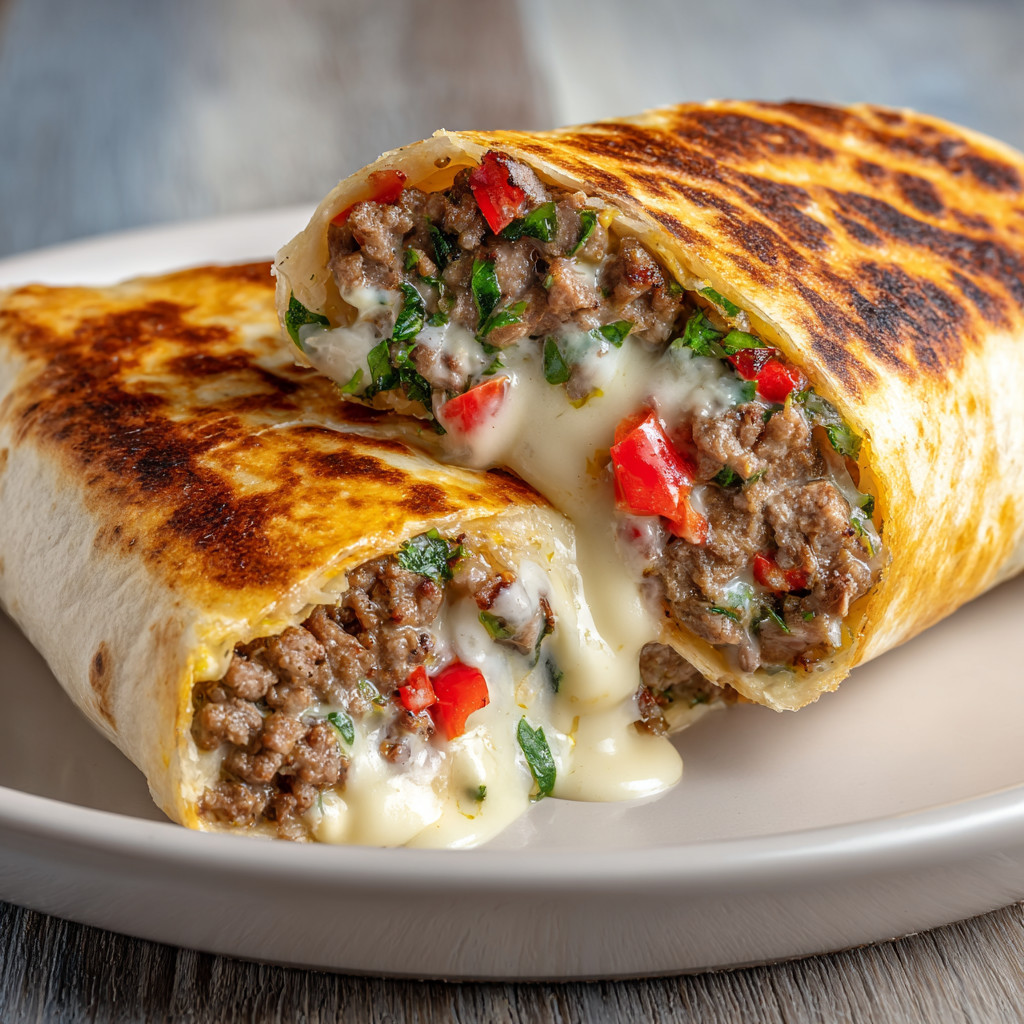A burrito with meat and cheese.