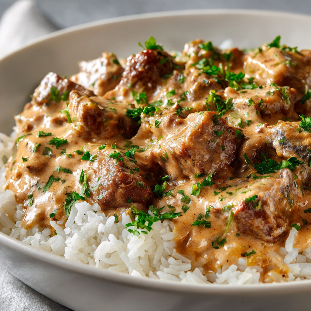 A bowl of rice with meat and sauce.