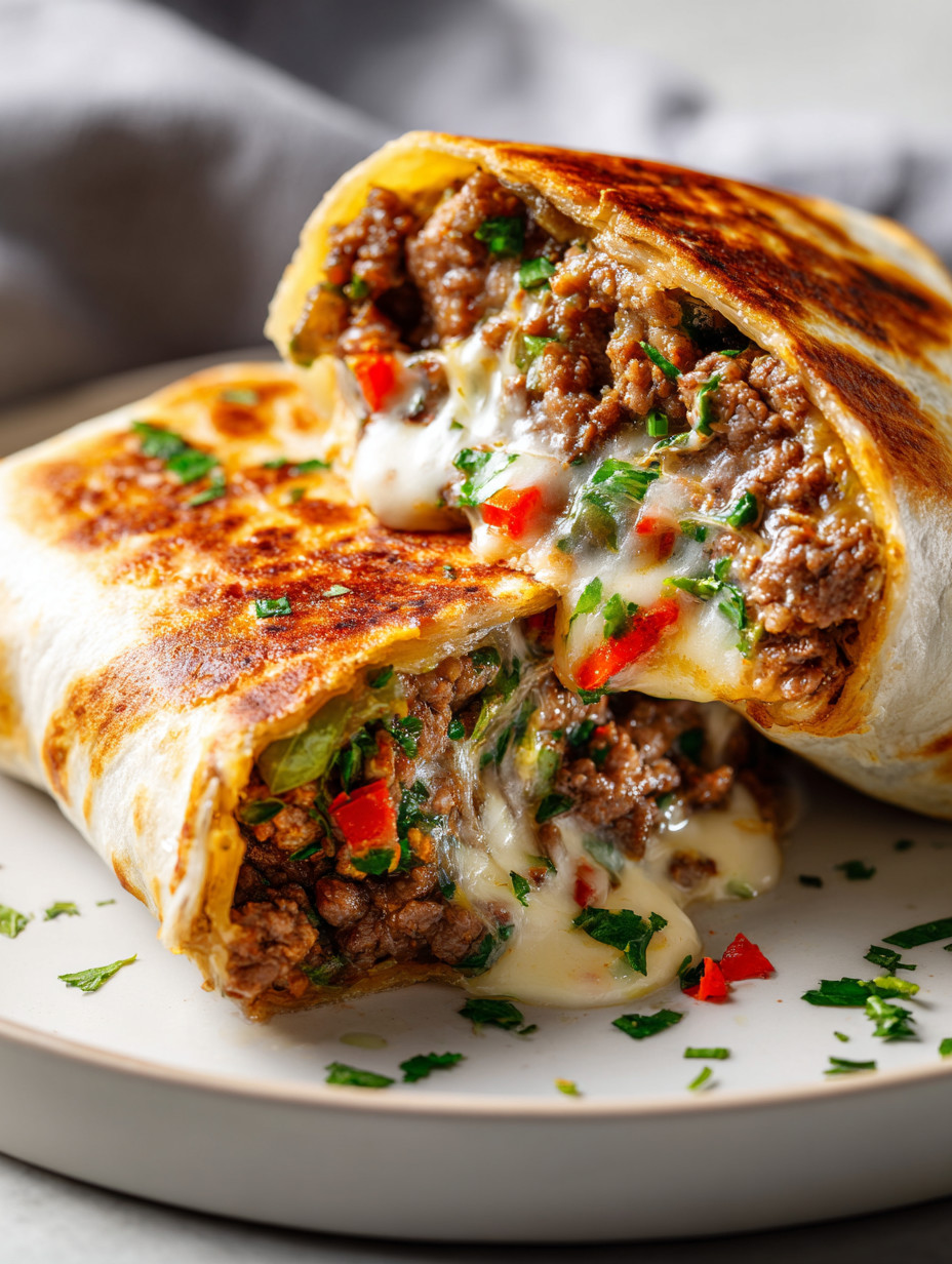 A plate with a burrito and cheese.