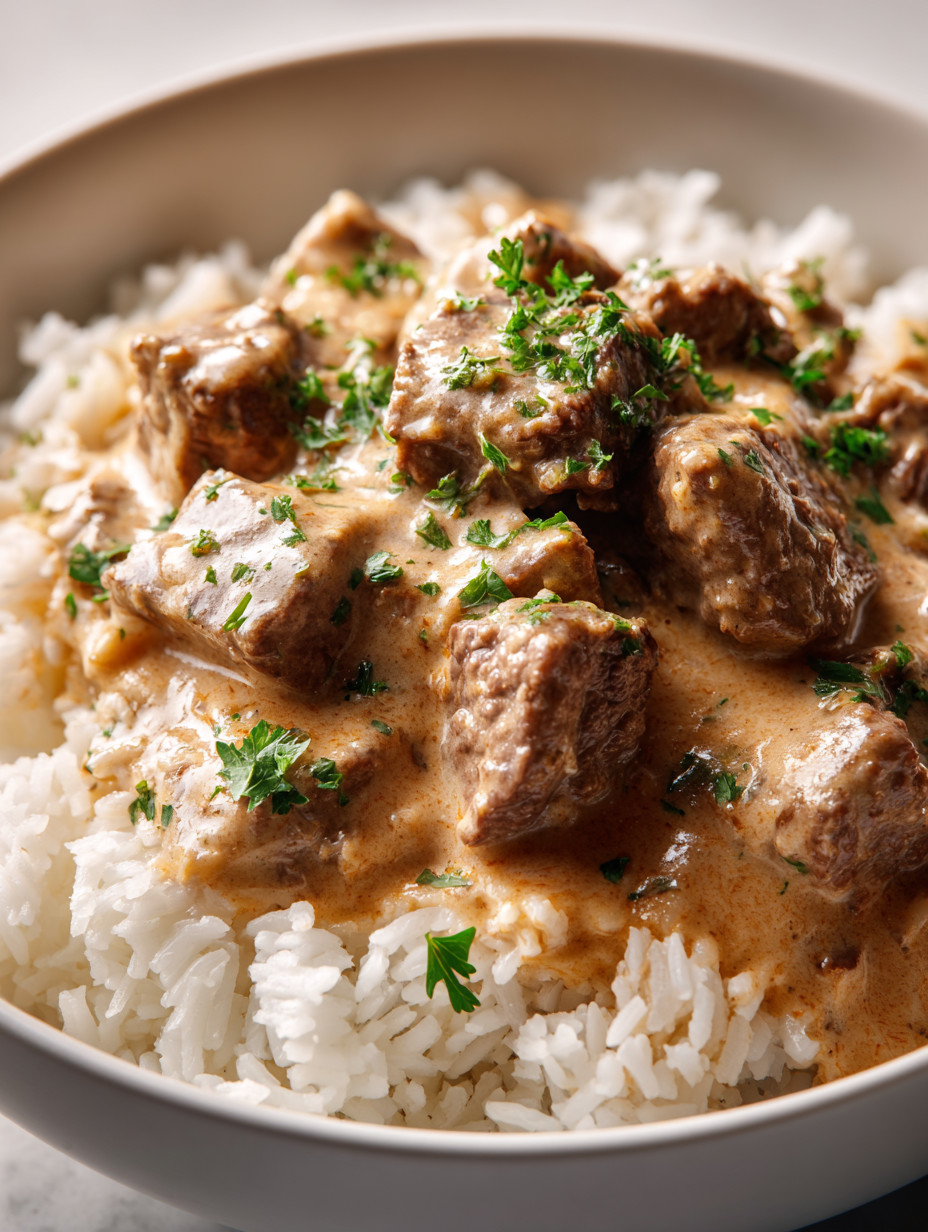 A bowl of rice with meat and gravy.