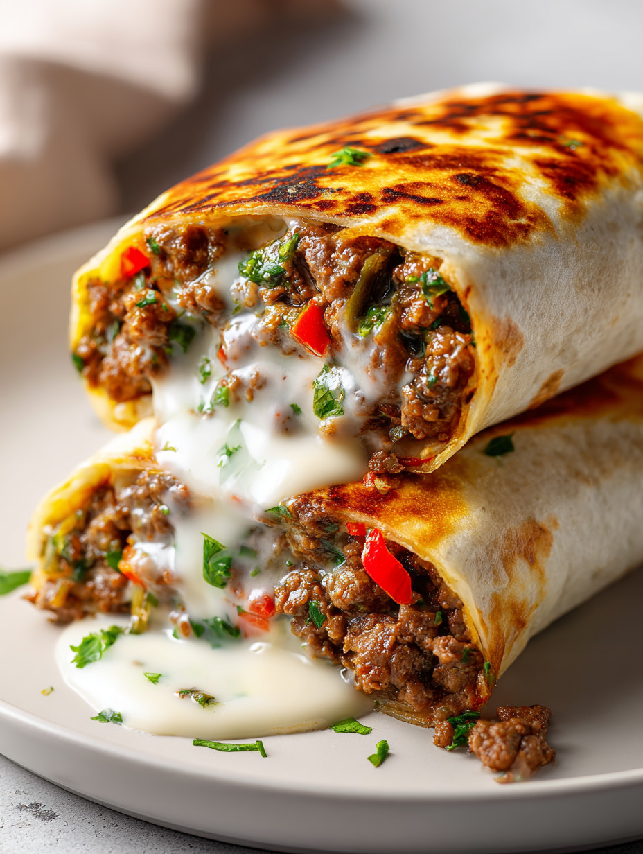 A burrito with white sauce on a plate.