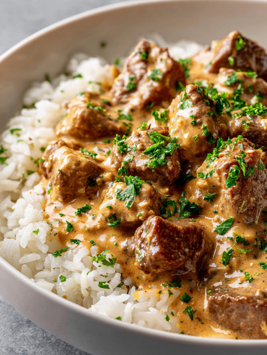 A bowl of rice with meat and gravy.