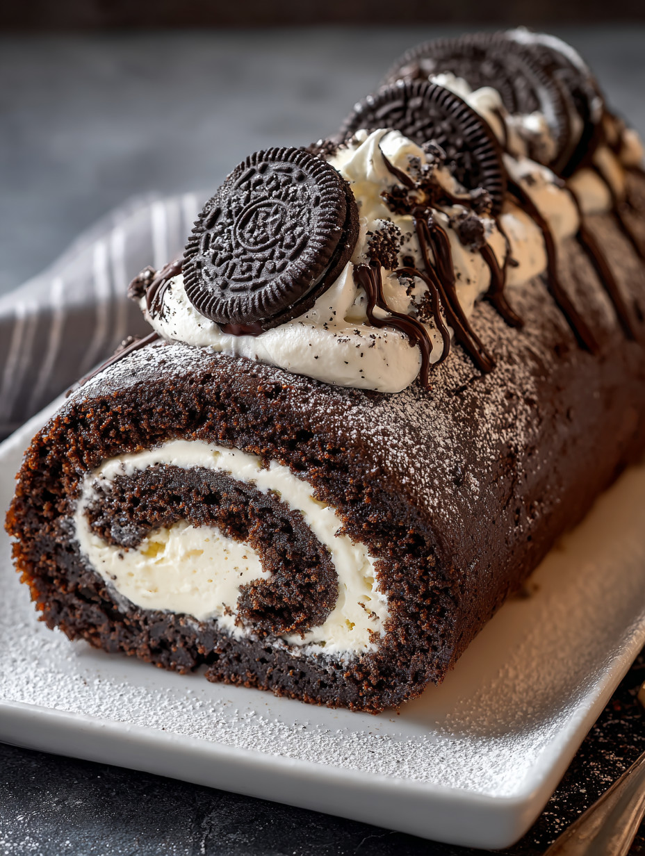 A chocolate cake with white icing and chocolate chips.