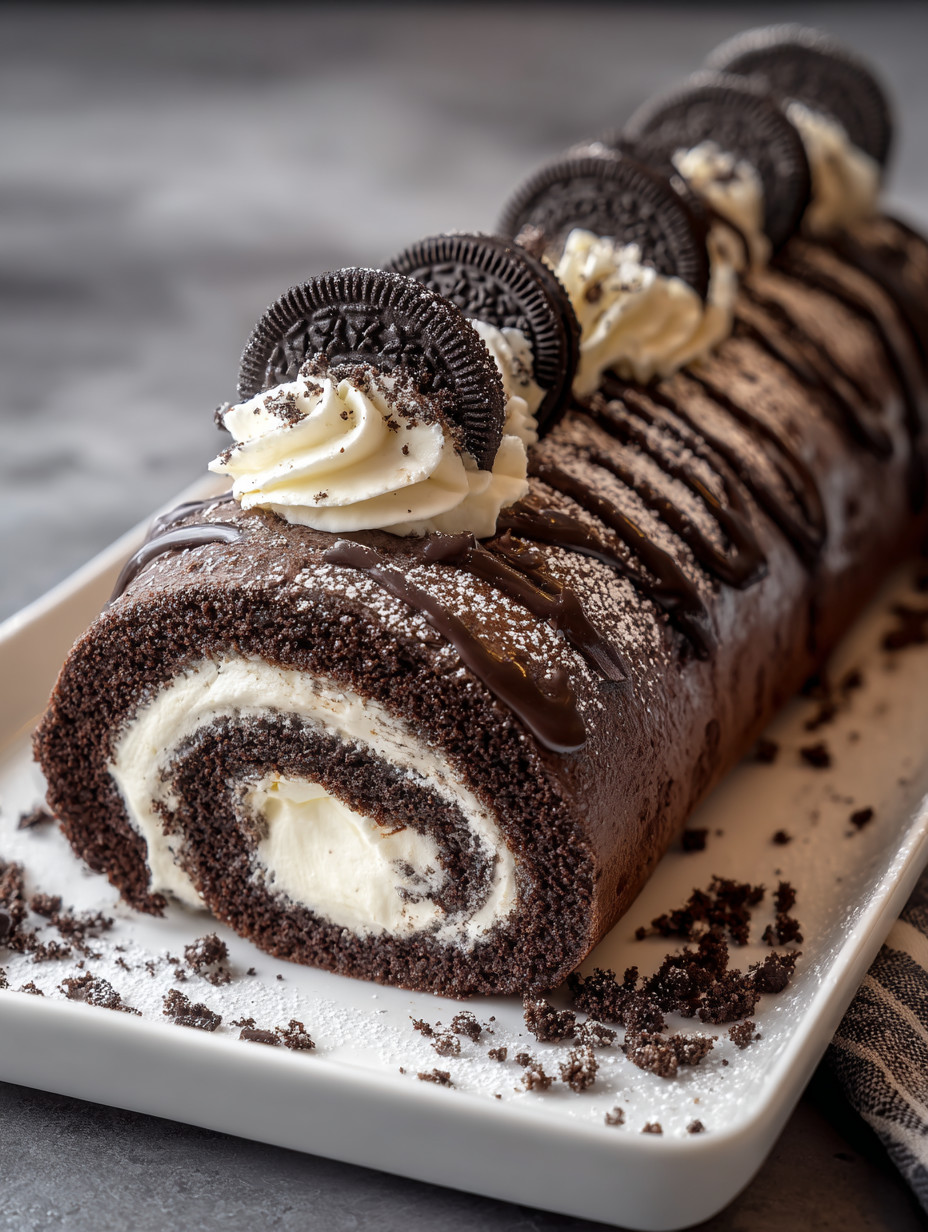 A chocolate cake with white frosting and chocolate chips.