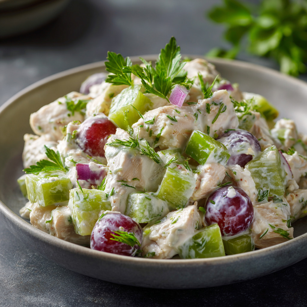 A bowl of food with grapes and onions.