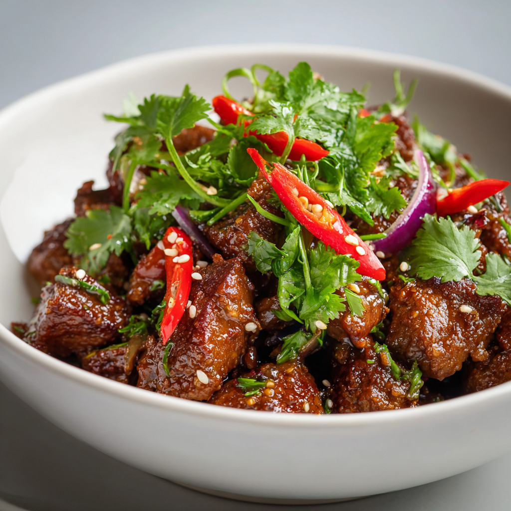 A bowl of meat with peppers and onions.