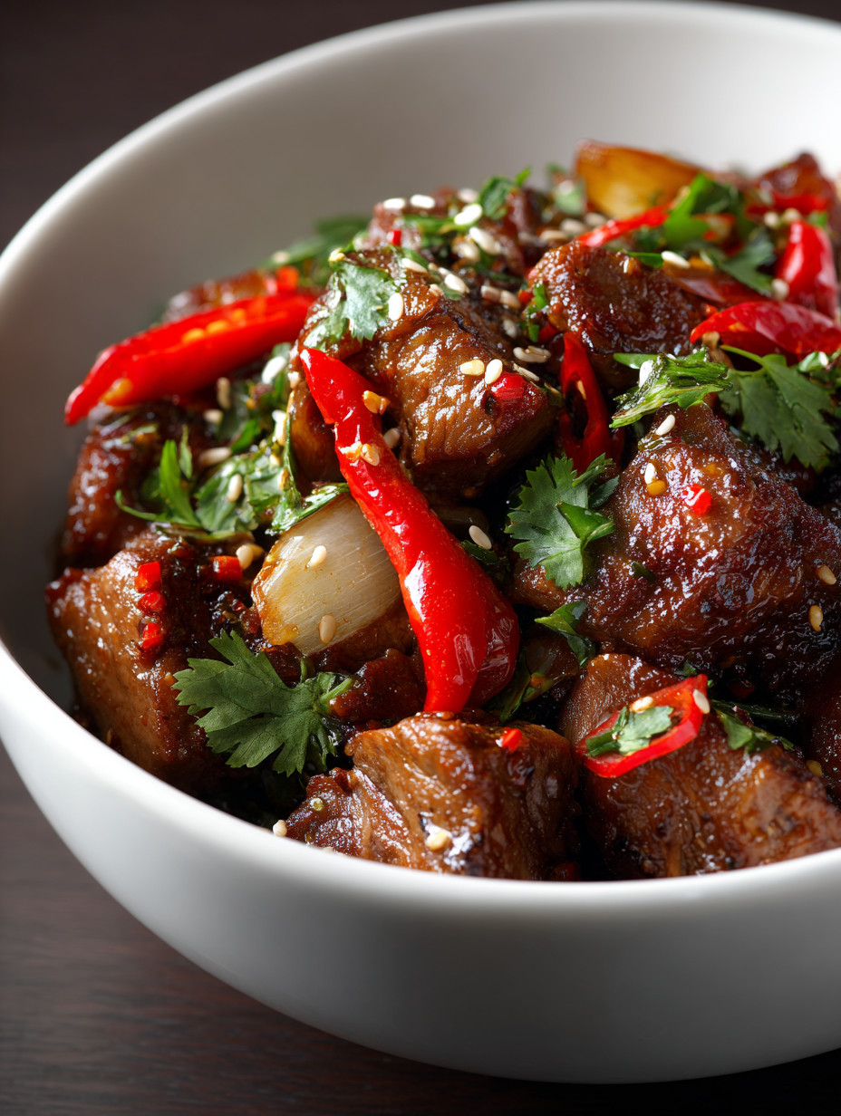 A bowl of beef with red peppers and onions.