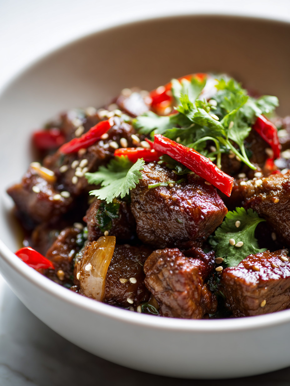 A bowl of meat with peppers and onions.