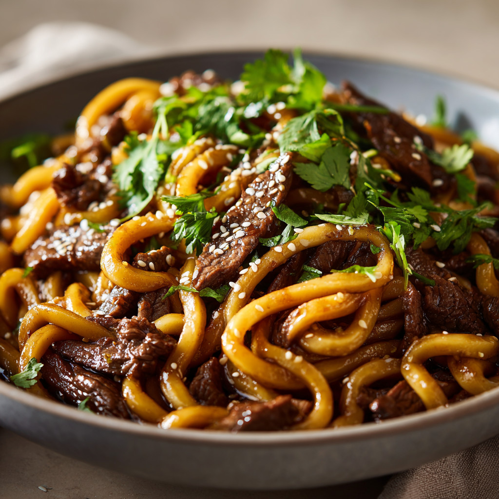 A bowl of noodles with meat and vegetables.