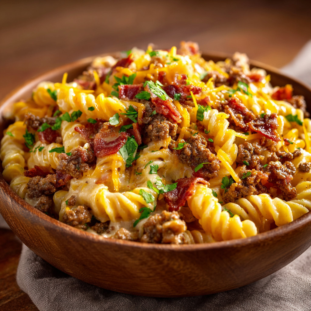 A bowl of pasta with meat and cheese.