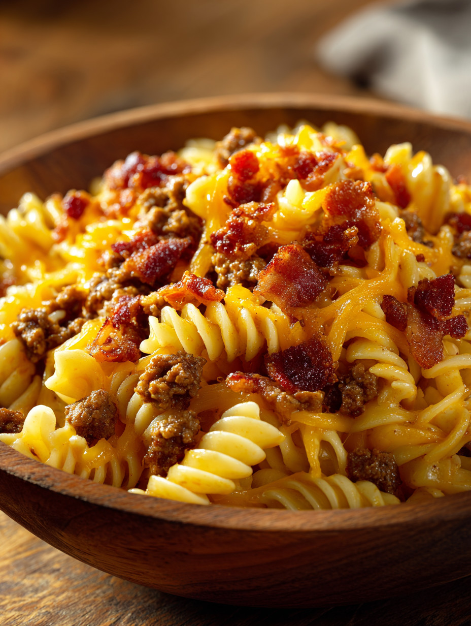 A bowl of pasta with meat and bacon.