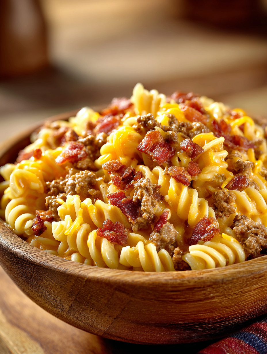 A bowl of pasta with bacon and sausage.