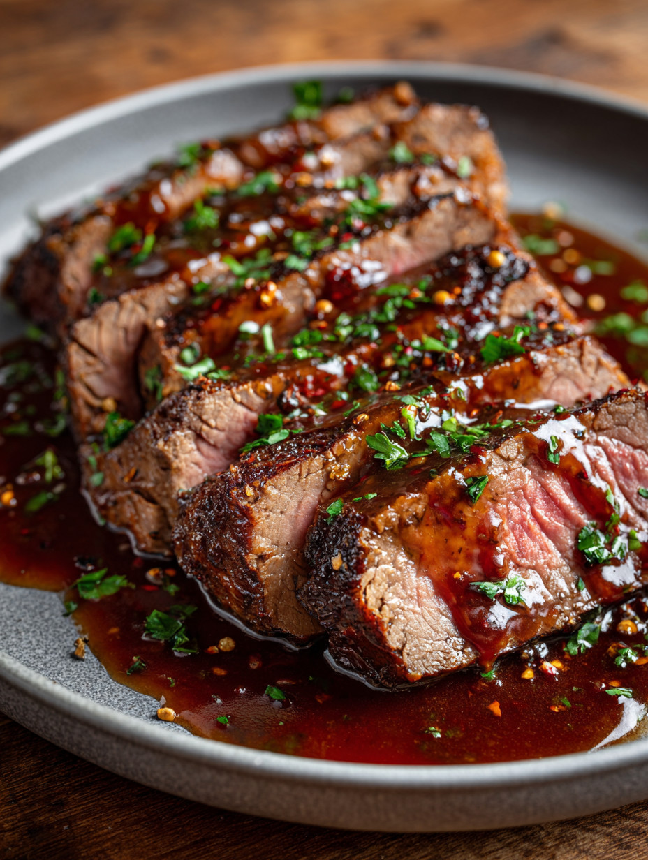 Steak with sauce on a plate.