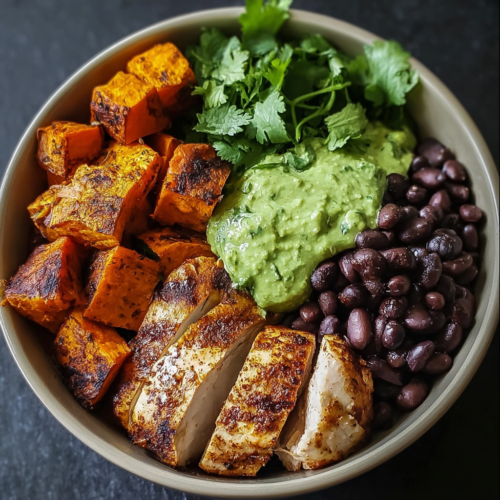 A bowl of food with chicken, beans, and vegetables.