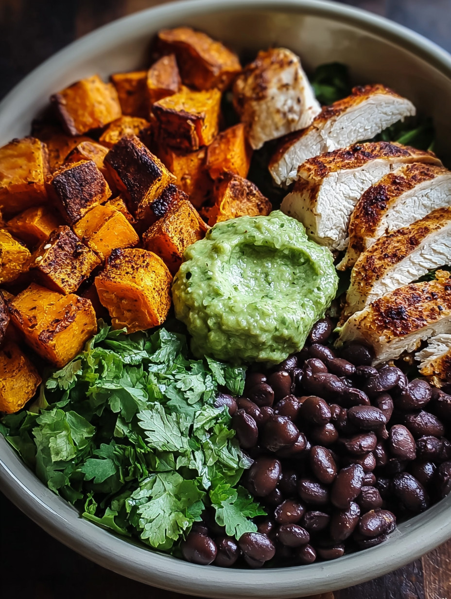 A bowl of food with chicken, beans, and avocado.