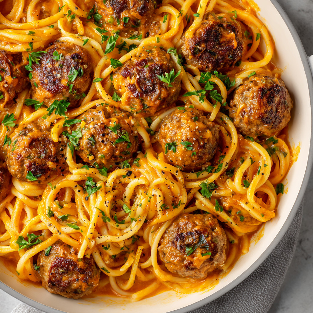 A bowl of spaghetti with meatballs and herbs.