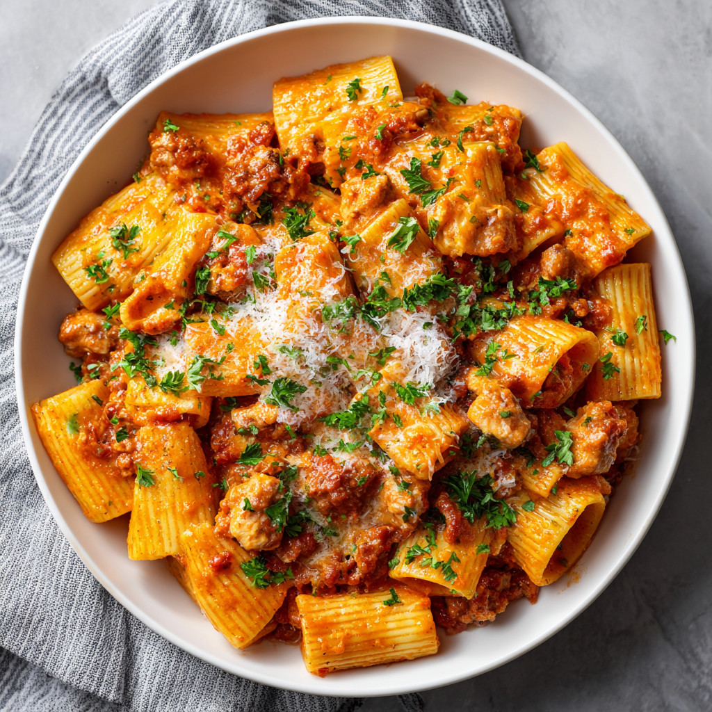 A bowl of pasta with meat and cheese.