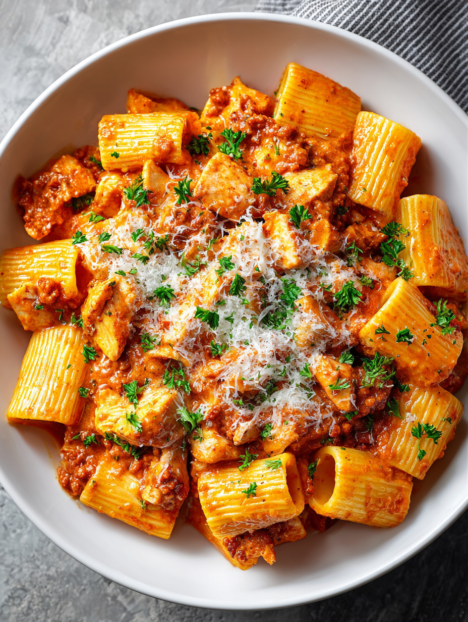 A bowl of pasta with meat and cheese.