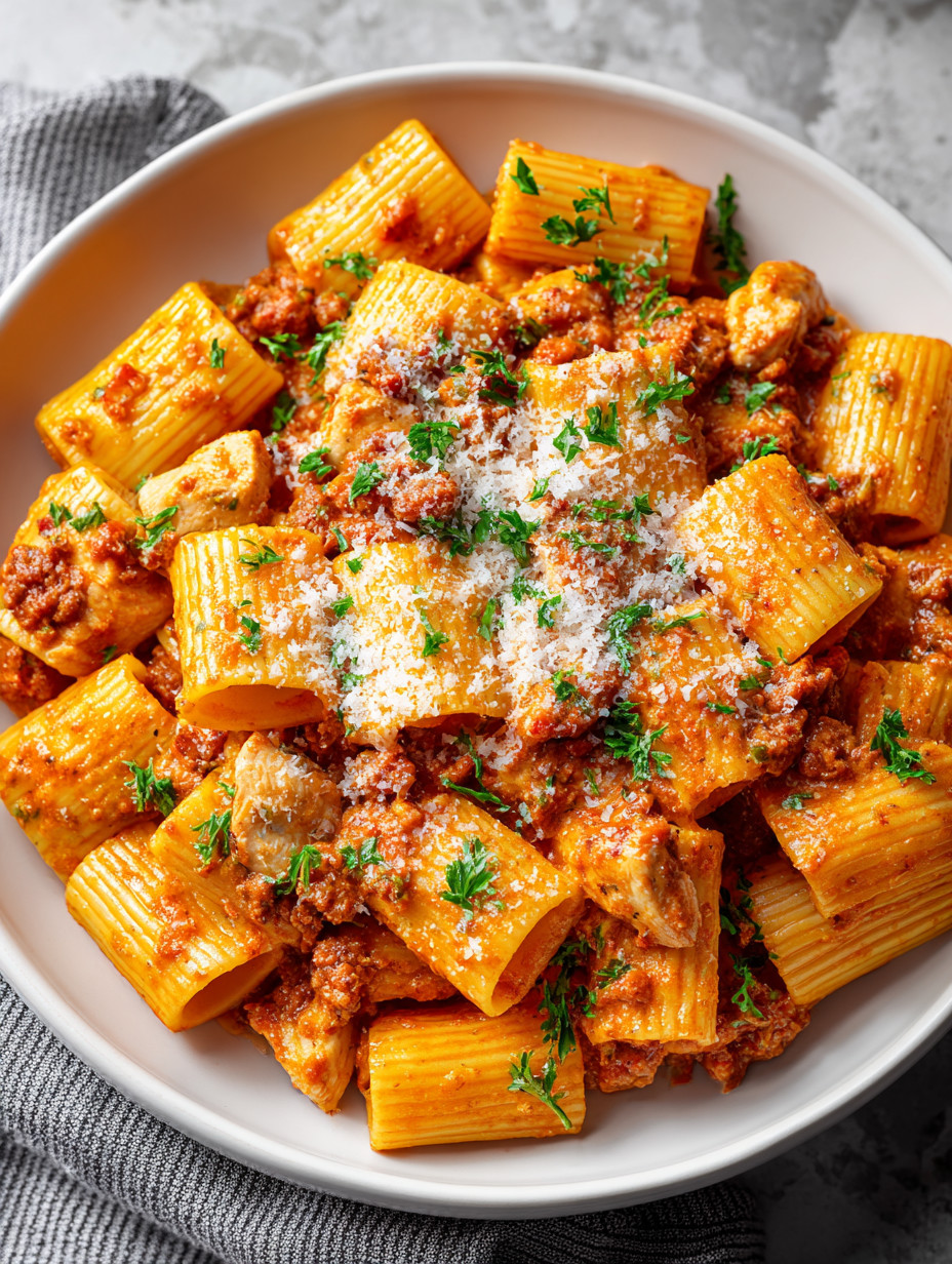 A bowl of pasta with meat and cheese.