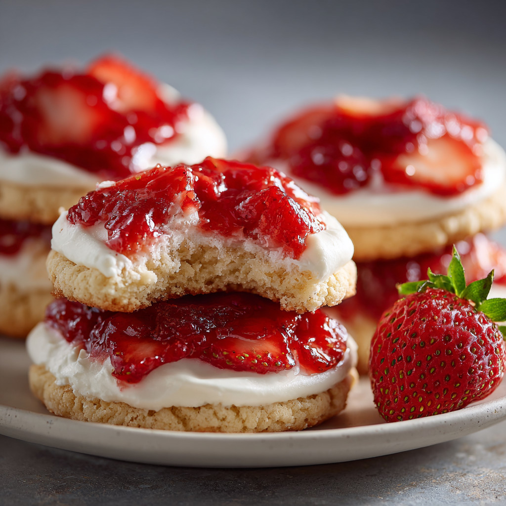 A plate of cookies with strawberry jam and strawberries.