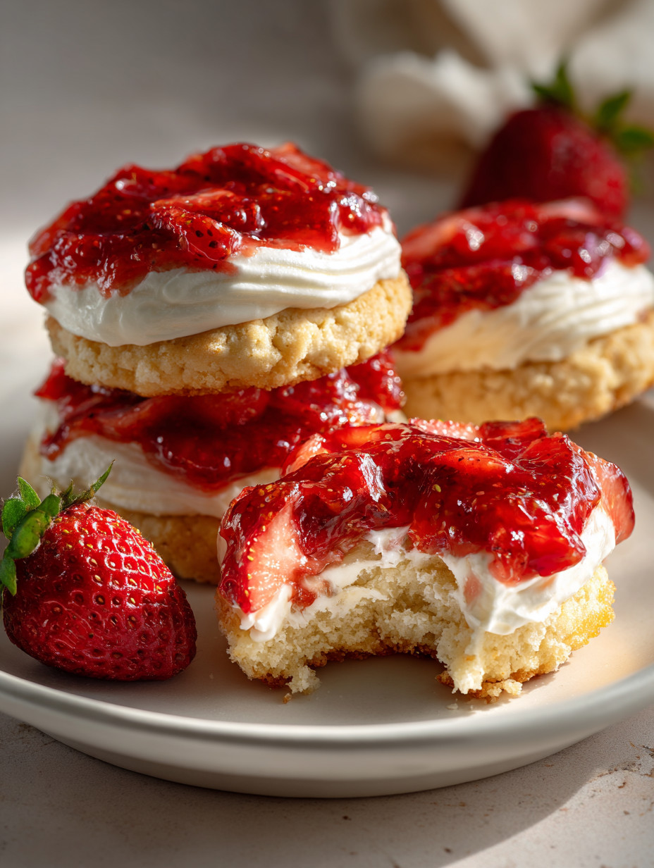 A stack of strawberry shortcake with strawberries and whipped cream.