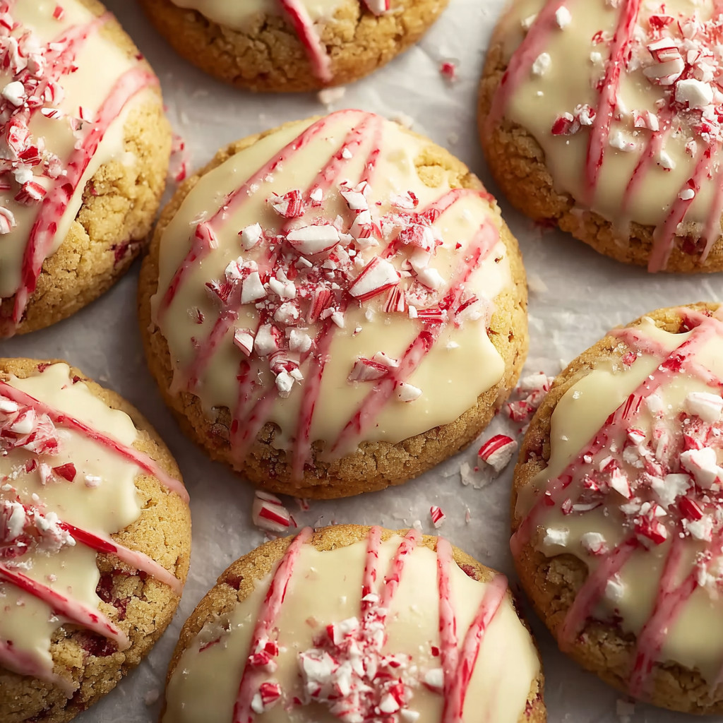 A plate of cookies with white icing and red stripes.