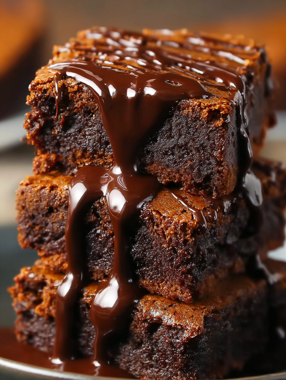 Chocolate drizzled brownies stacked on a plate.