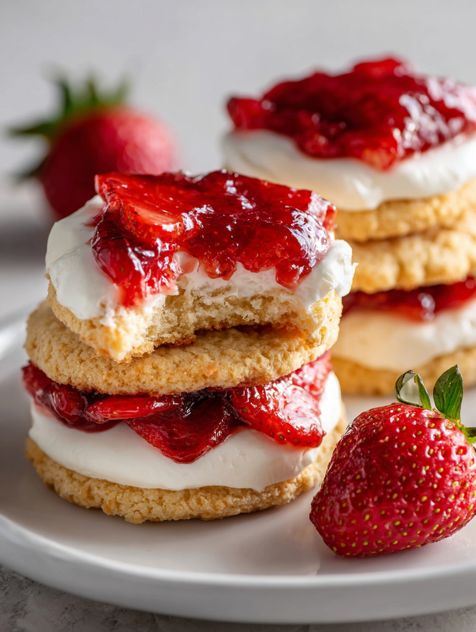 A stack of strawberry shortcake with strawberries on top.