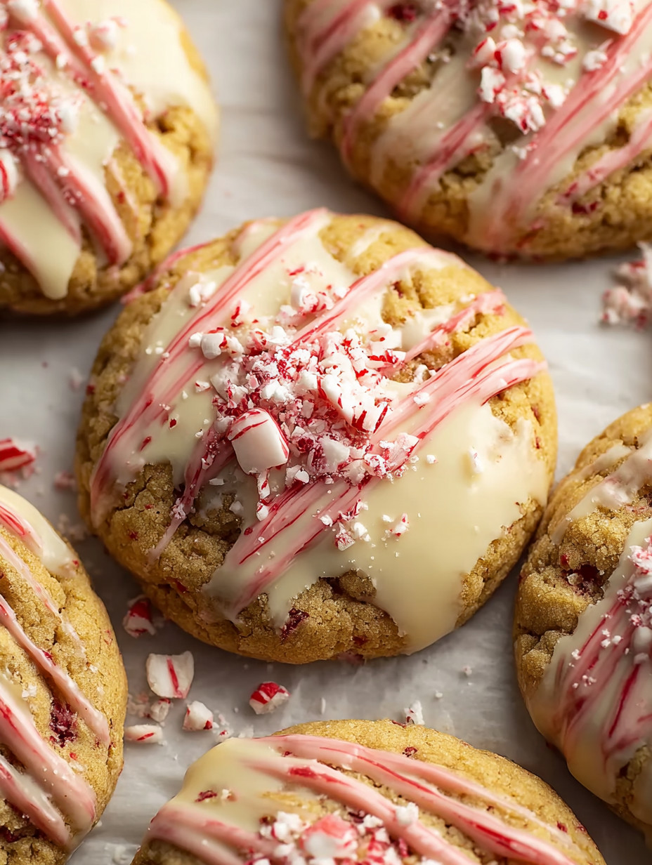 A cookie with white frosting and red stripes.