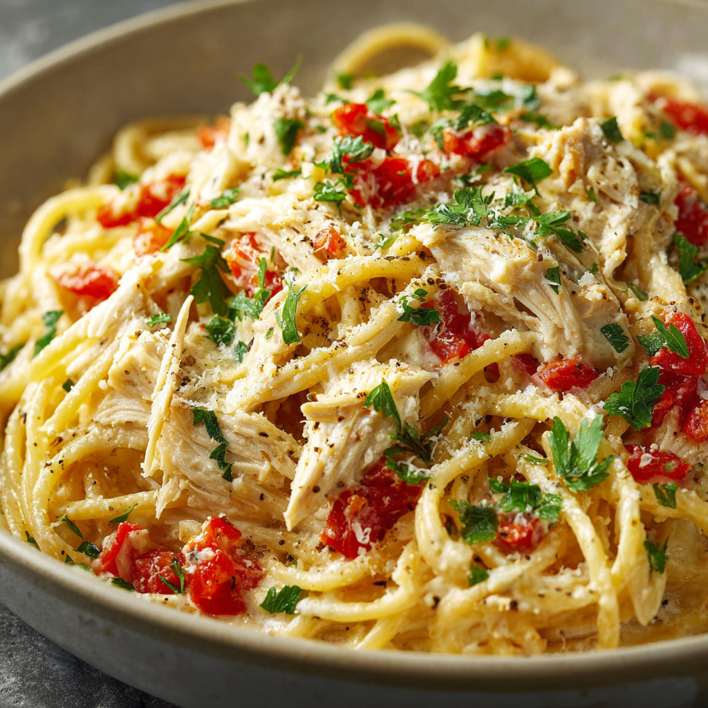 A bowl of pasta with chicken and tomatoes.