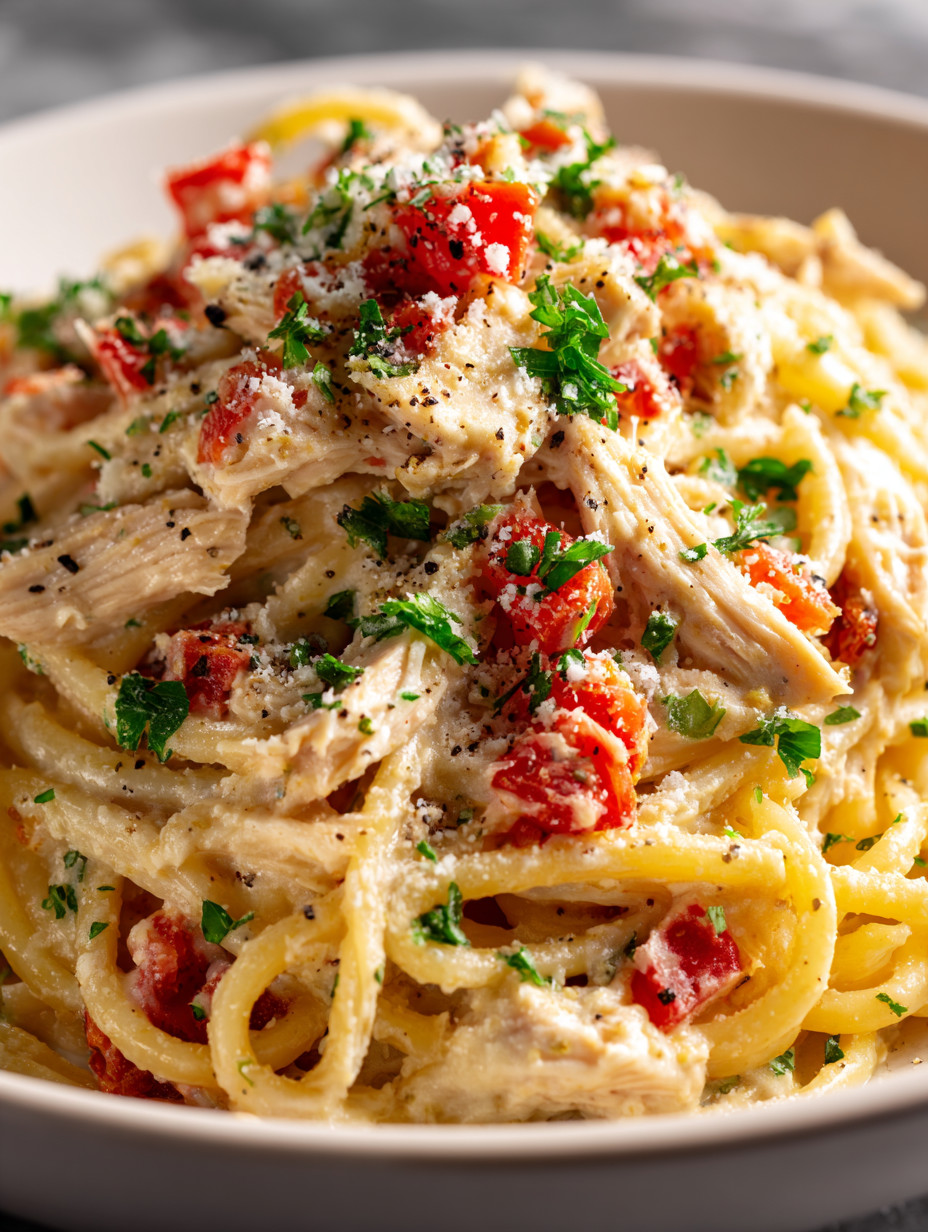 A plate of pasta with chicken and tomatoes.