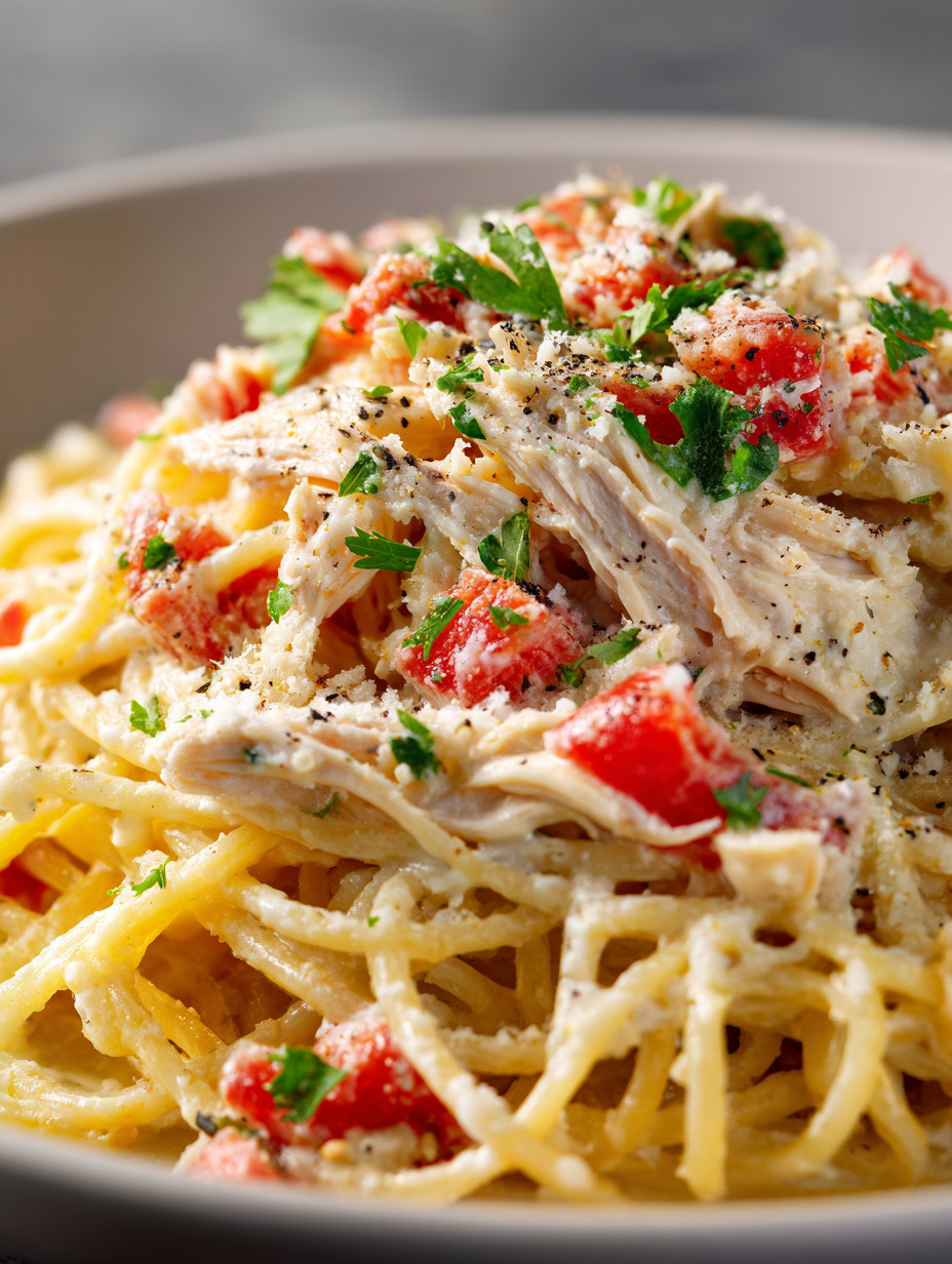 A bowl of pasta with chicken and tomatoes.