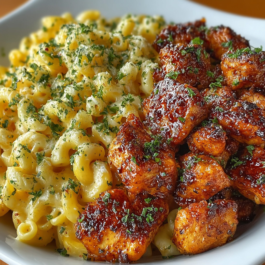 A plate of macaroni and chicken.
