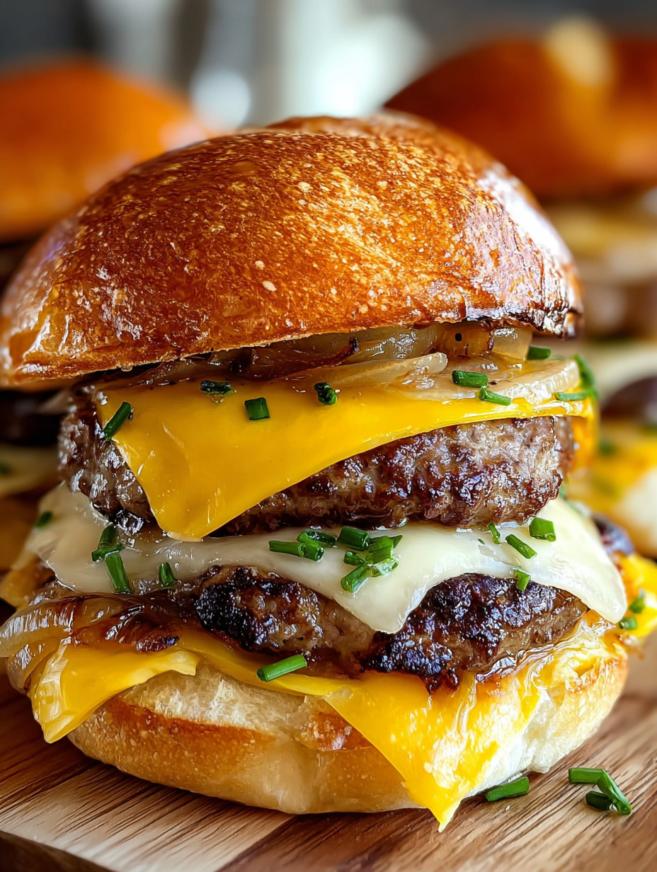 A close up of a burger with cheese and onions.
