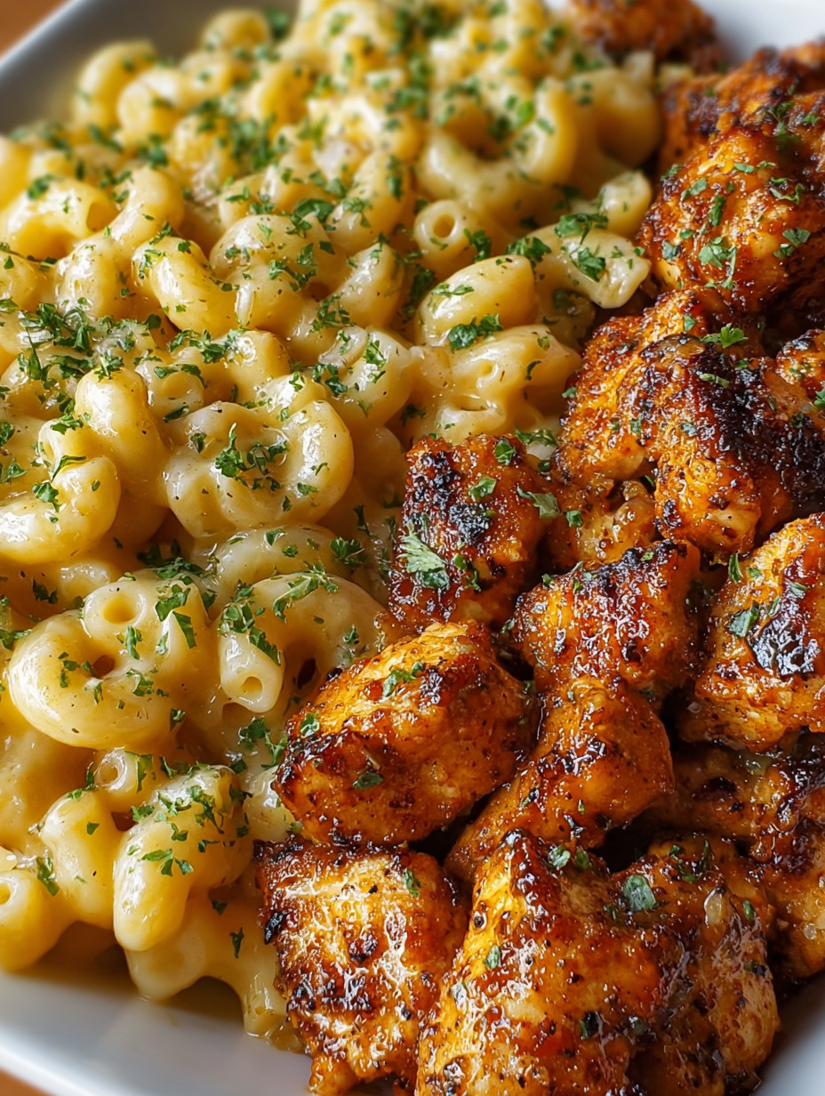 A plate of food with macaroni and cheese and chicken.