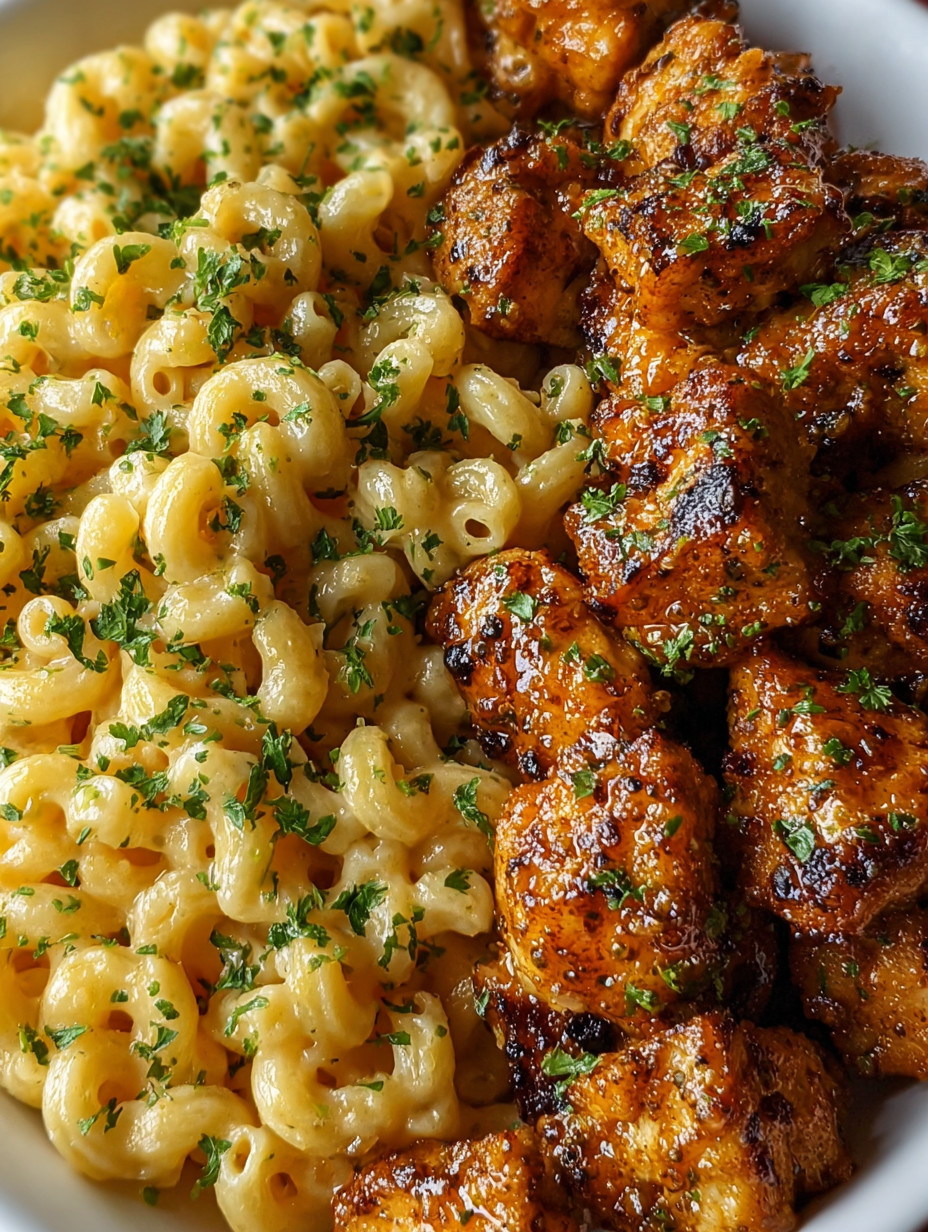 A plate of food with macaroni and cheese and meat.