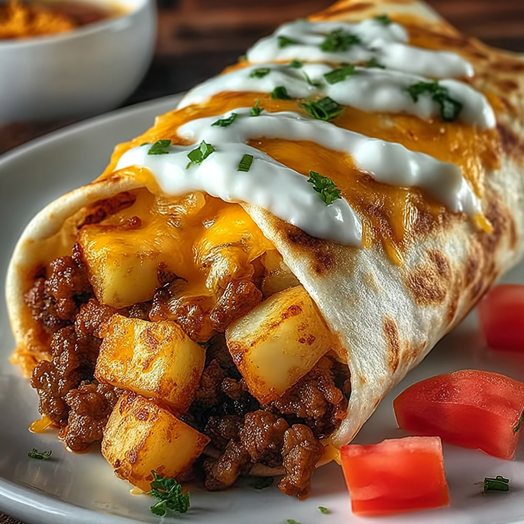 A burrito with cheese and sour cream on a white plate.