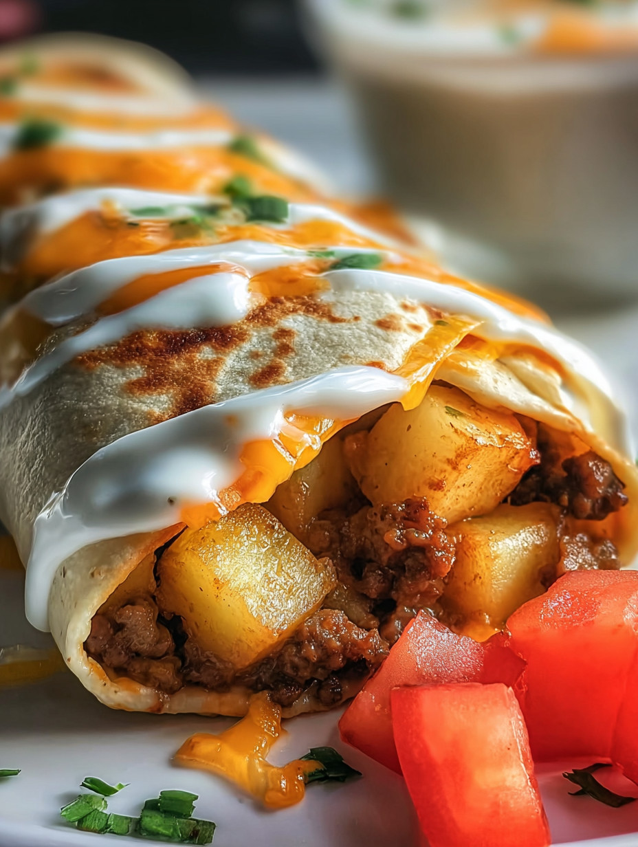 A burrito with cheese and potatoes.