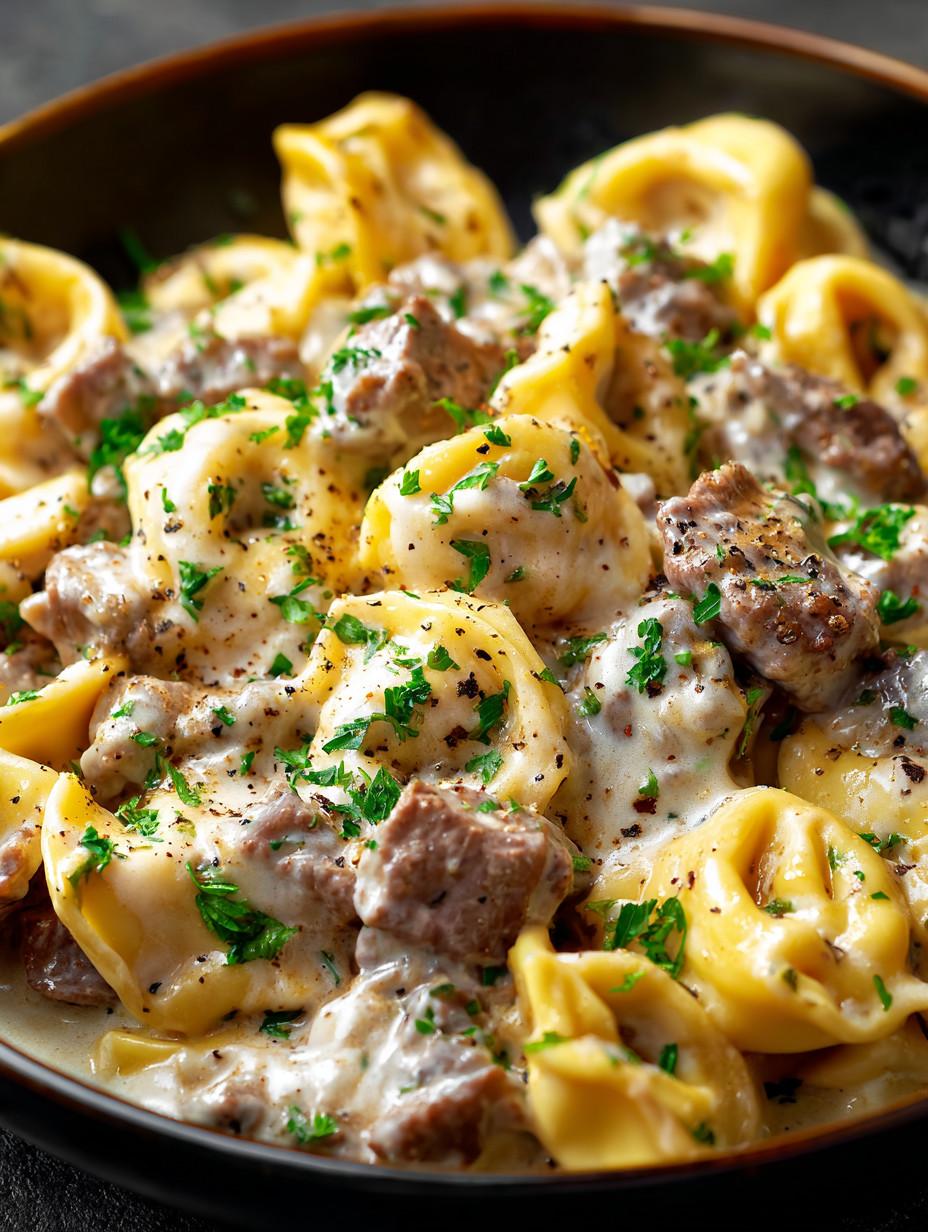 A plate of pasta with meat and cheese.