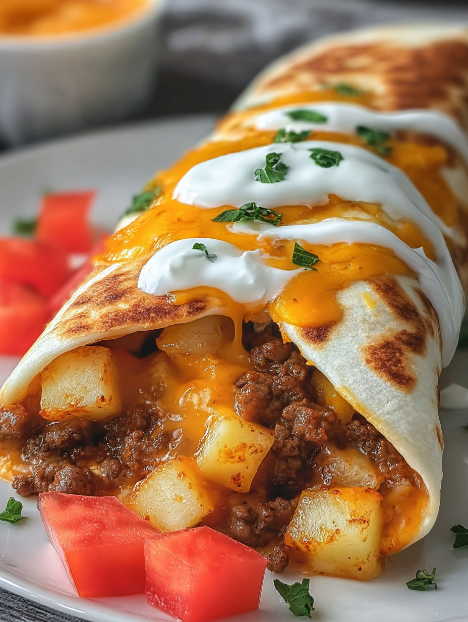 A burrito with cheese and sour cream.