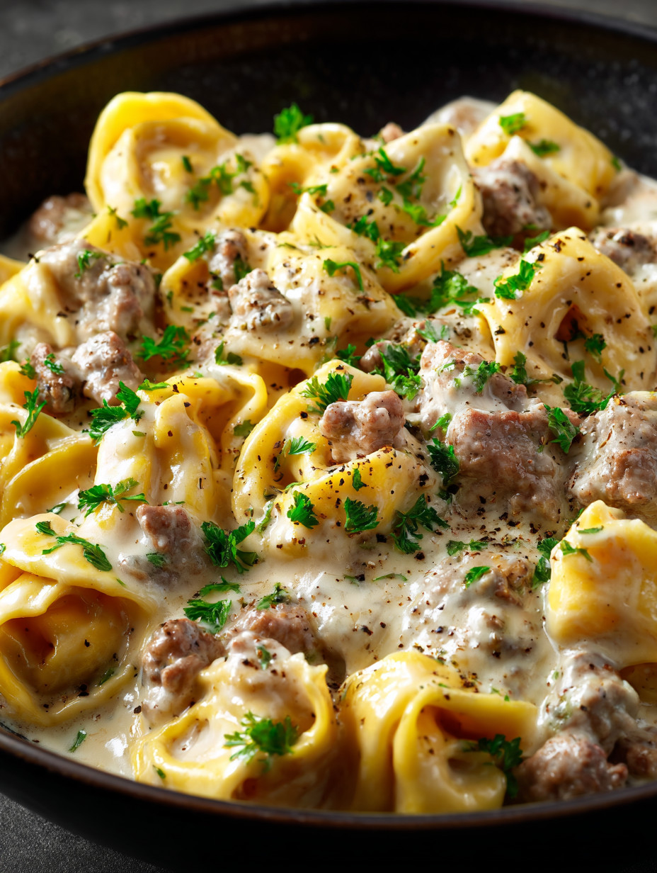 A bowl of pasta with meat and cheese.