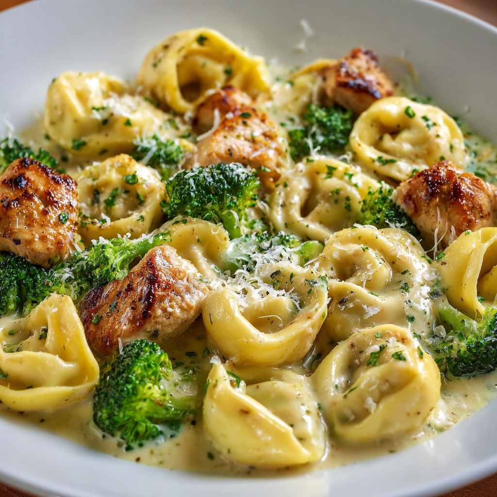 A bowl of pasta with chicken and broccoli.