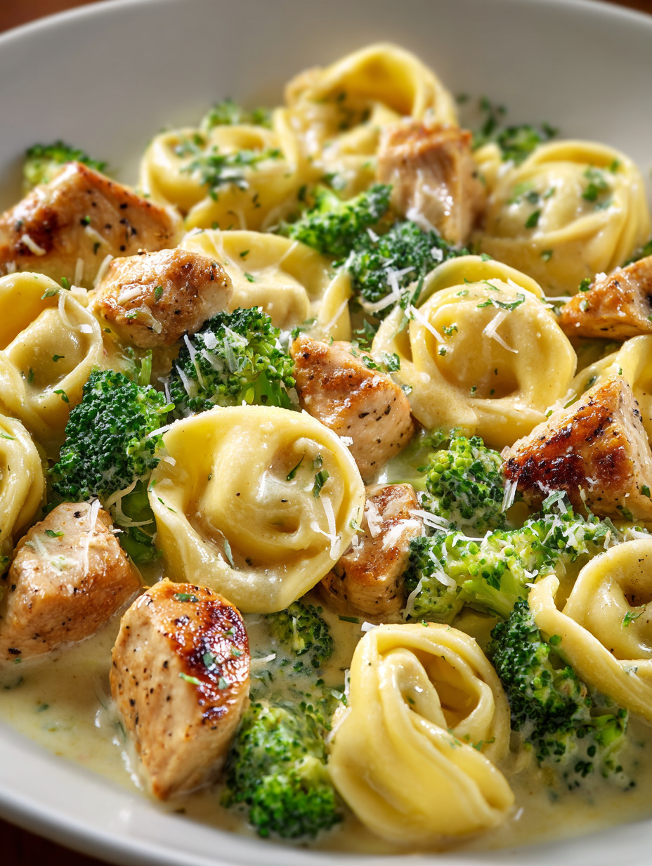 A plate of pasta with chicken and broccoli.