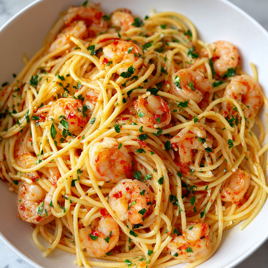 A bowl of shrimp and pasta.