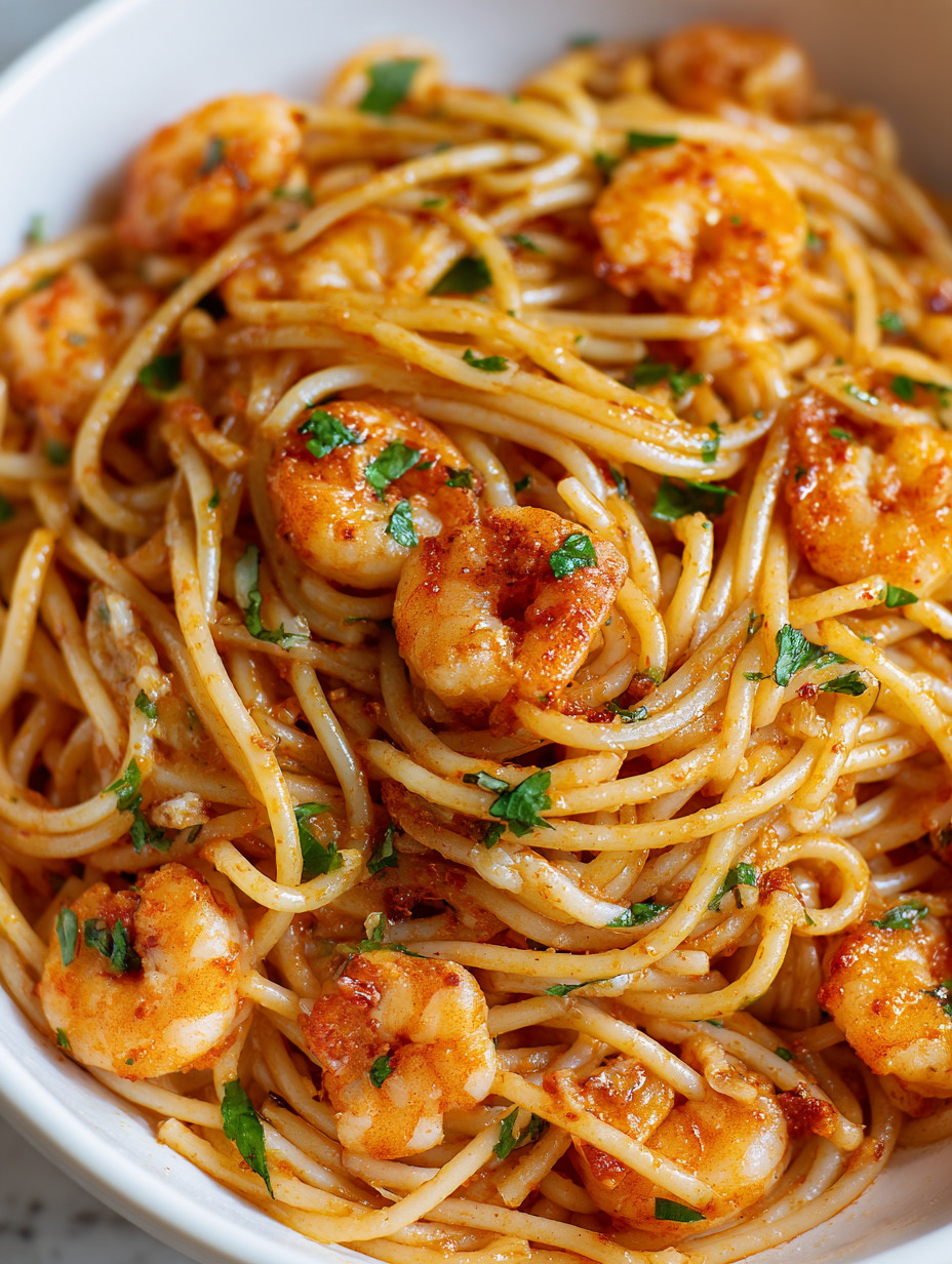 A bowl of spaghetti with shrimp and herbs.