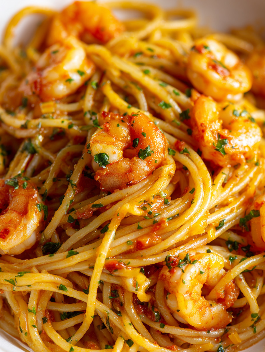 A plate of shrimp and pasta.