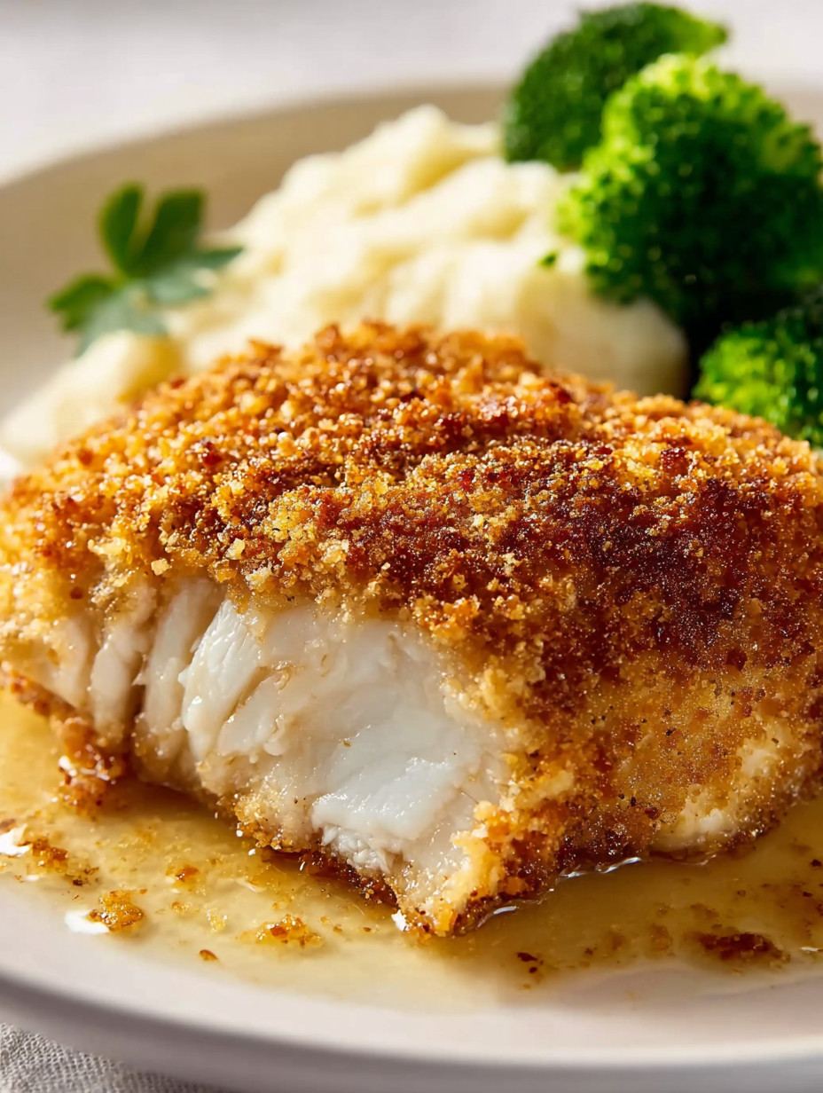 A piece of fried fish on a plate.