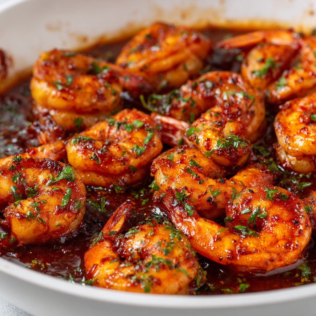 A bowl of shrimp with a brown sauce.